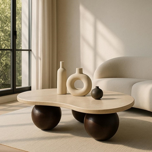 Stolik kawowy ORGANIC trawertyn / drewno - MaMaison