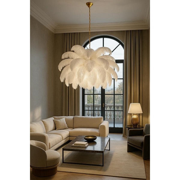 Lampa wisząca TIFFANY 135 biała mosiądz / naturalne pióra - Moosee