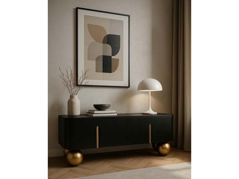 Szafka RTV ORGANIC czarna / złota / drewno - MaMaison