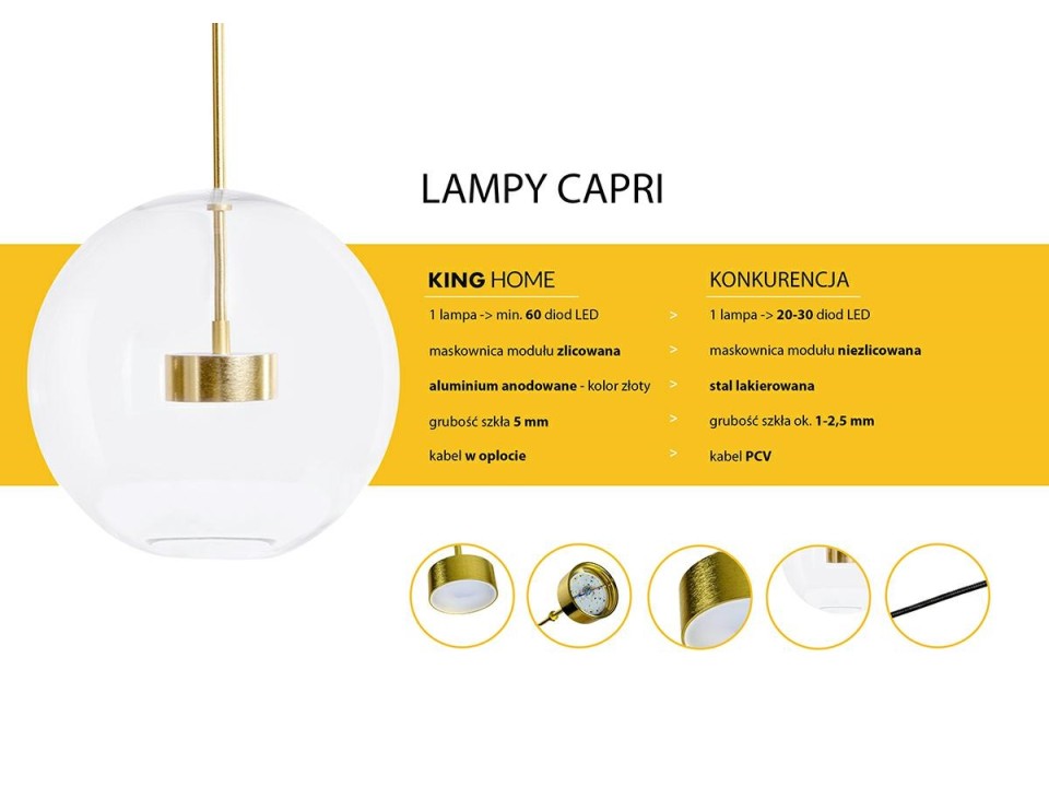 Lampa wisząca CAPRI 4 złota - 60 LED, aluminium, szkło - King Home
