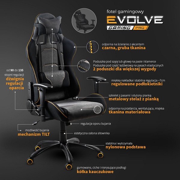 Fotel EVOLVE PRO Gaming gabinetowy czarno-szarobeżowy-pomarańczowy - Halmar