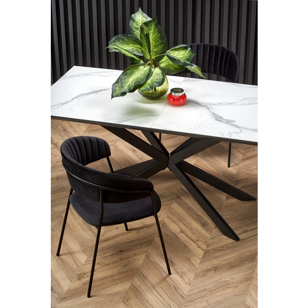 Stół DIESEL rozkładany blat - biały marmur / c. popiel, nogi - czarny - Halmar