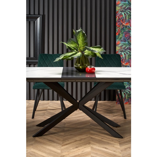 Stół DIESEL rozkładany blat - biały marmur / c. popiel, nogi - czarny - Halmar