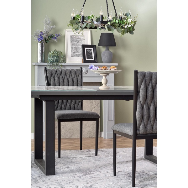 Stół MARLEY rozkładany blat - biały marmur / popielaty, nogi - czarny - Halmar