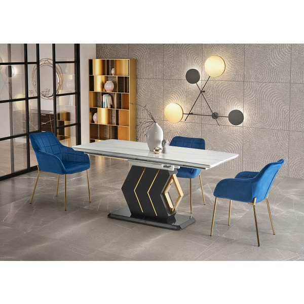 Stół VINCENZO rozkładany blat: biały marmur, noga czarny/złoty - Halmar