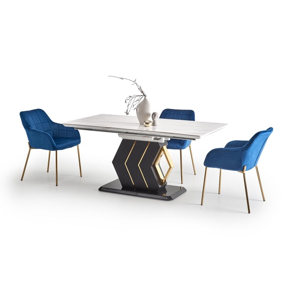 Stół VINCENZO rozkładany blat: biały marmur, noga czarny/złoty - Halmar