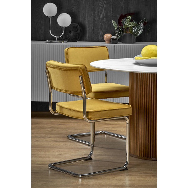 Stół BRUNO okrągły, biały marmur / orzechowy - Halmar