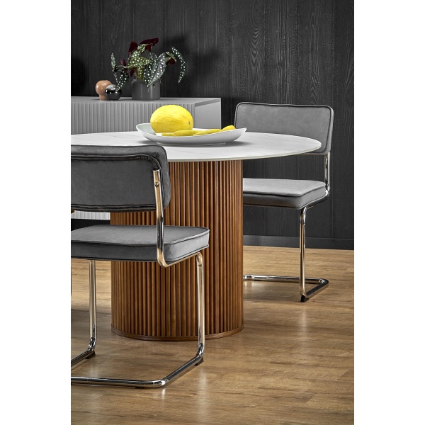 Stół BRUNO okrągły, biały marmur / orzechowy - Halmar