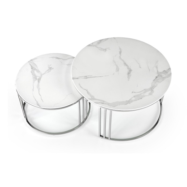 MERCURY 2 zestaw 2 ław, stelaż - srebrny, szkło - biały marmur - Halmar