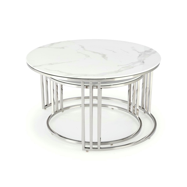 MERCURY 2 zestaw 2 ław, stelaż - srebrny, szkło - biały marmur - Halmar