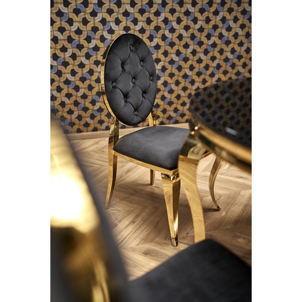 Stół REGINALD_2 okrągły blat - szkło czarny, nogi - złoty - Halmar