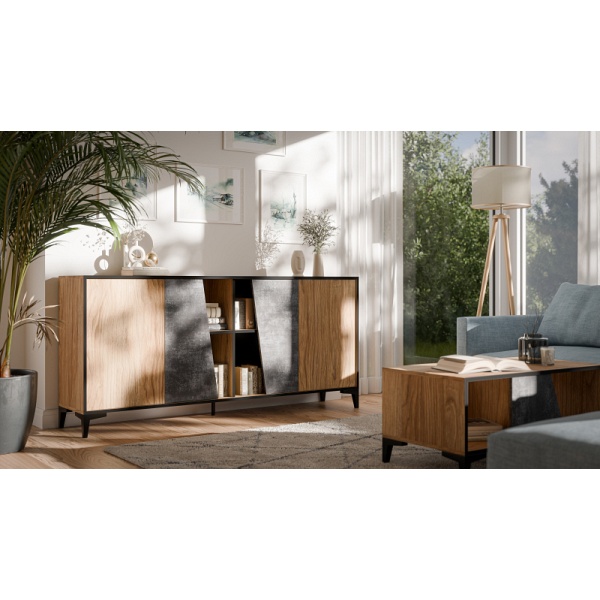 Komoda OVO 4D beton ciemny/ dąb pradawny - Halmar