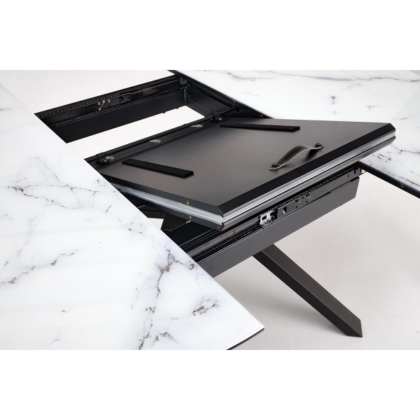 Stół VERTIGO rozkładany, blat - biały marmur, nogi - czarny - Halmar