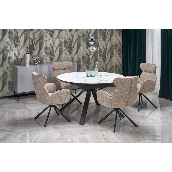 Stół VERTIGO rozkładany, blat - biały marmur, nogi - czarny - Halmar