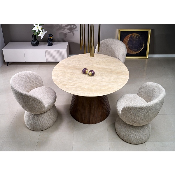 Stół PIREUS okrągły trawertyn / orzech - Halmar