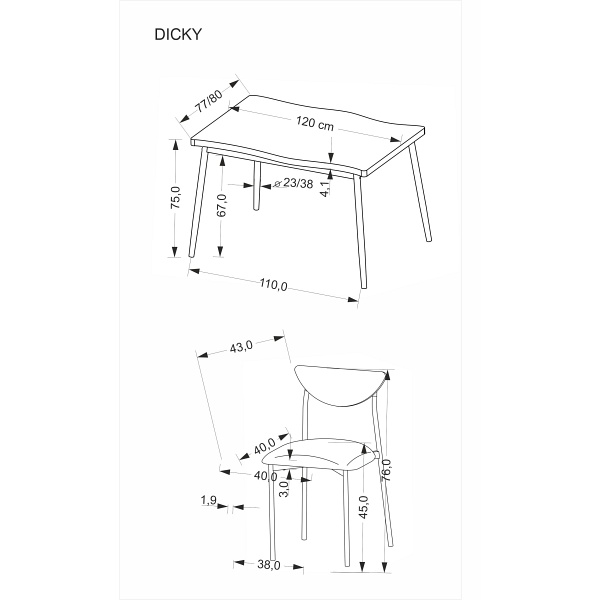 Stół DICKY zestaw + 4 krzesła, naturalny / czarny / popielaty - Halmar