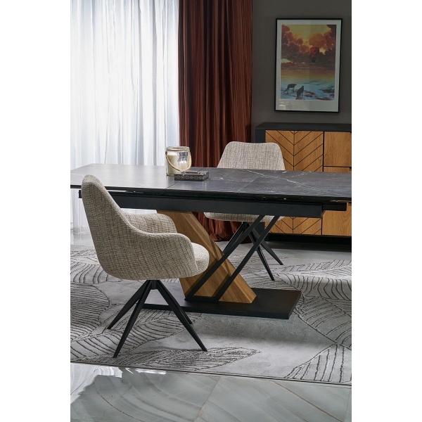 Stół VOLANT 140 rozkładany, blat - czarny marmur, nogi - dąb złoty / czarny - Halmar