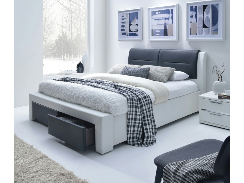 Łóżko CASSANDRA S 160 cm tapicerowane z szufladami czarno-biały - Halmar