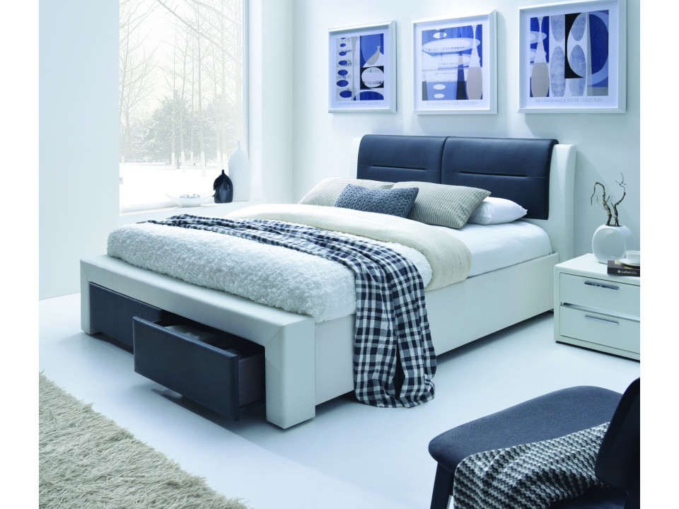 Łóżko CASSANDRA S 140 cm tapicerowane z szufladami czarno-biały - Halmar