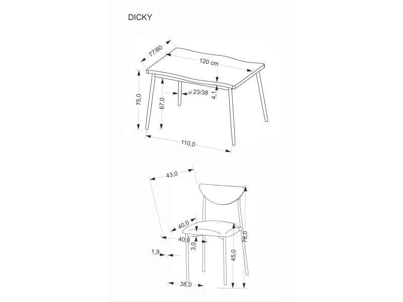 Stół DICKY zestaw + 4 krzesła, naturalny / czarny / popielaty - Halmar