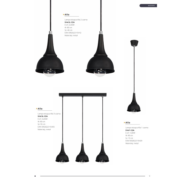 Lampa wisząca Alla 2 czarna Lampex