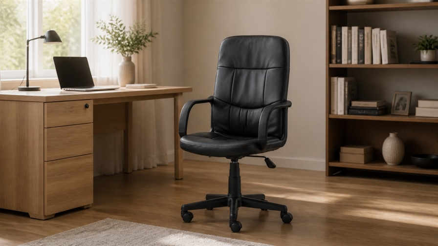 Fotel obrotowy DENZEL — czarna tapicerka i zakres siedziska 44–54 cm