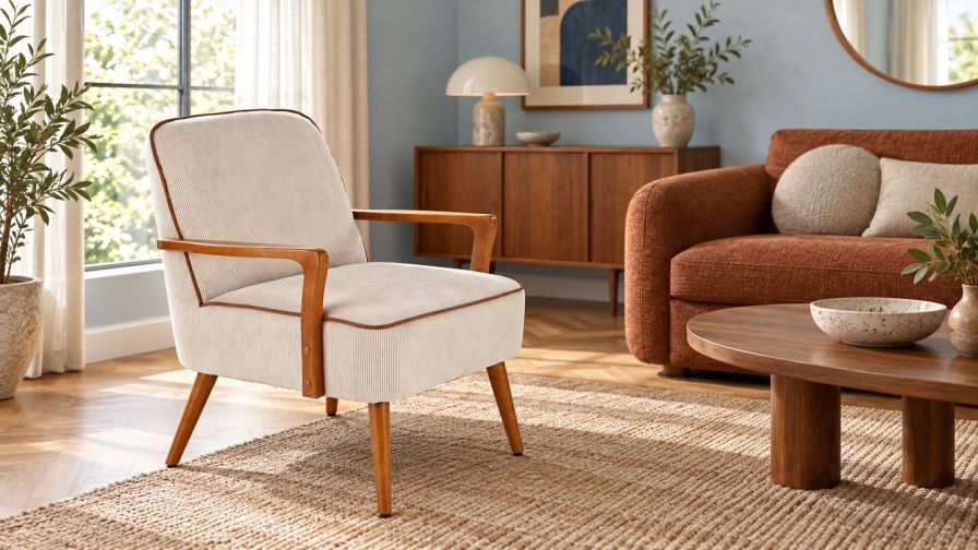 Fotel wypoczynkowy w stylu retro — zaokrąglona forma i charakterystyczne przeszycia
