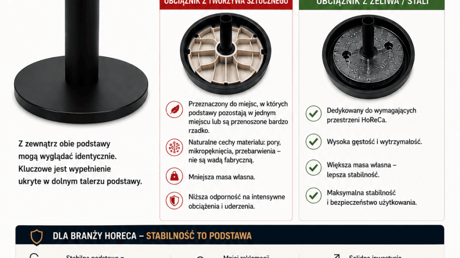 Obciążnik żeliwny czy tworzywowy w podstawie stolika? Na co uważać przy wyborze podstaw do HoReCa