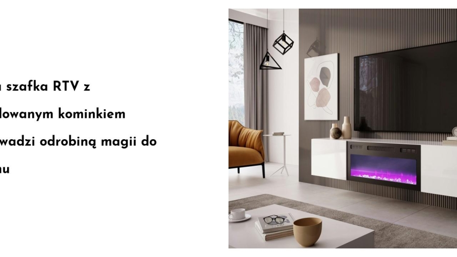 Biała szafka RTV z wbudowanym kominkiem wprowadzi odrobiną magii do salonu