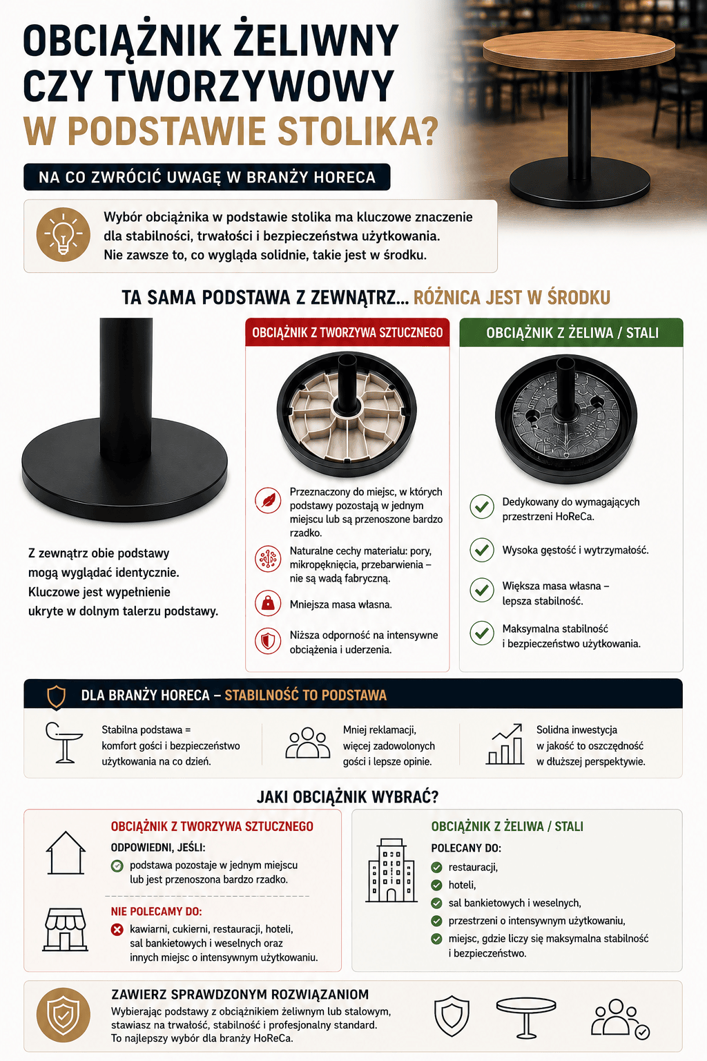 Obciążnik żeliwny czy tworzywowy w podstawie stolika? Na co uważać przy wyborze podstaw do HoReCa