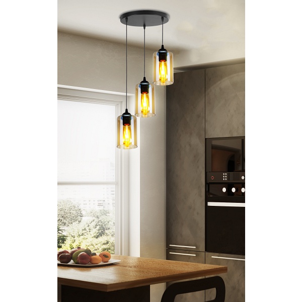 Bistro Lampa Wisząca Czarny Talerz 3X40W E27 Klosz Brązowy Candellux