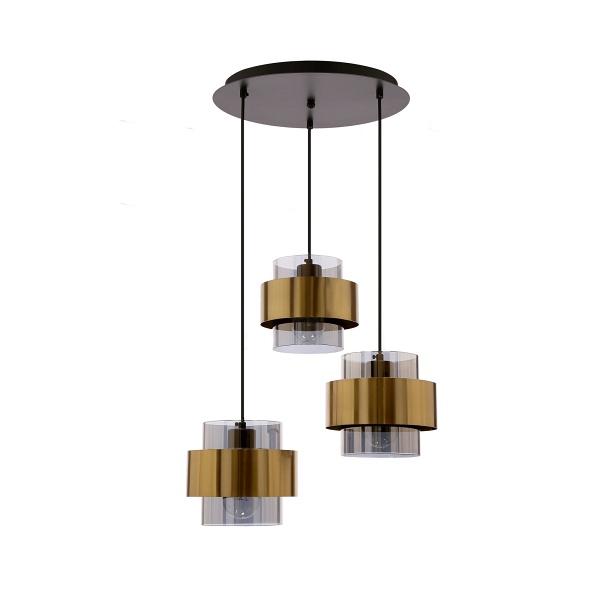 Spiega Lampa Wisząca Talerz Czarny+Mosiężny 3X60W E27 Klosz Dymiony Candellux