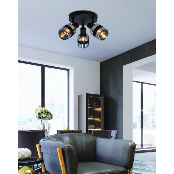 Yuki Lampa Plafon Czarny Matowy 3X15W E14 Klosz Dymiony Candellux