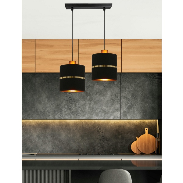 Assam Lampa Wisząca Czarny+Złoty 2X60W E27 Abażur Czarny+Złoty Pasek Candellux