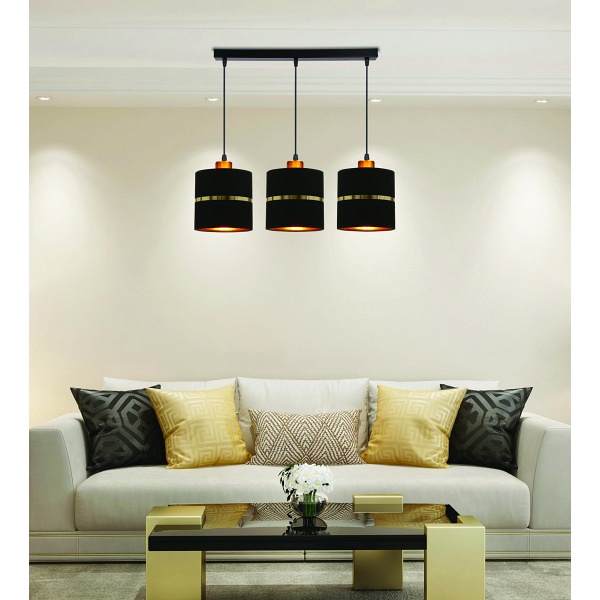 Assam Lampa Wisząca Czarny+Złoty 3X60W E27 Abażur Czarny+Złoty Pasek Candellux