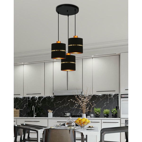 Assam Lampa Wisząca Talerz Czarny+Złoty 3X60W E27 Abażur Czarny+Złoty Pasek Candellux