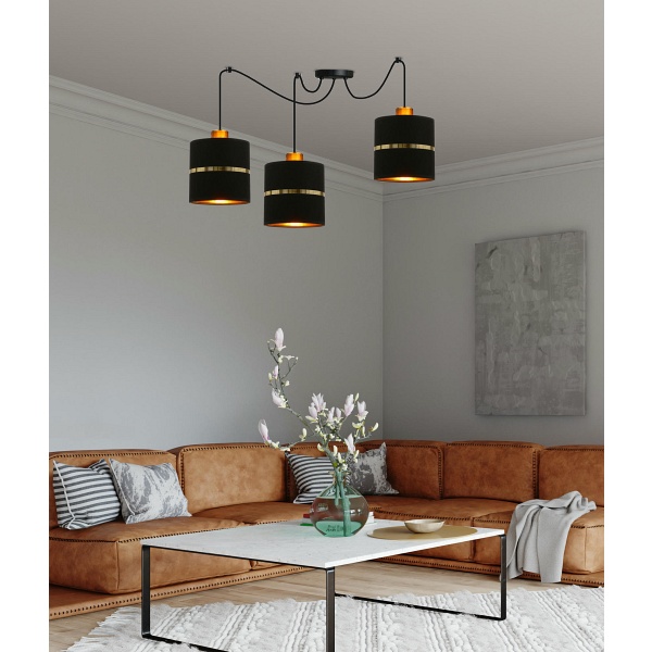 Assam P Lampa Wisząca Czarny+Złoty 3X60W E27 Abażur Czarny+Złoty Pasek Candellux
