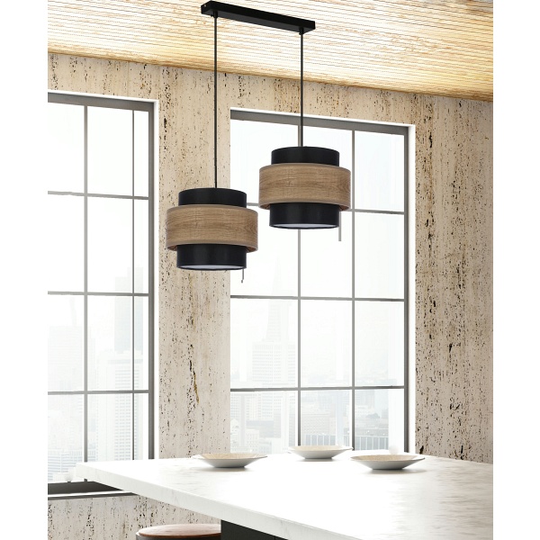 Twin Lampa Wisząca Czarny 2X40W E27 Abażur Czarny+Drewniany Candellux