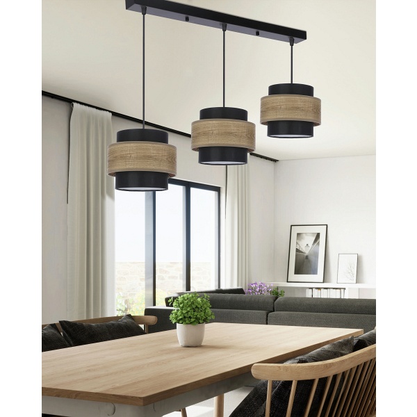 Twin Lampa Wisząca Czarny 3X40W E27 Abażur Czarny+Drewniany Candellux