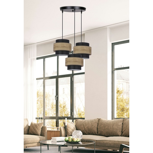 Twin Lampa Wisząca Czarny Talerz 3X40W E27 Abażur Czarny+Drewniany Candellux