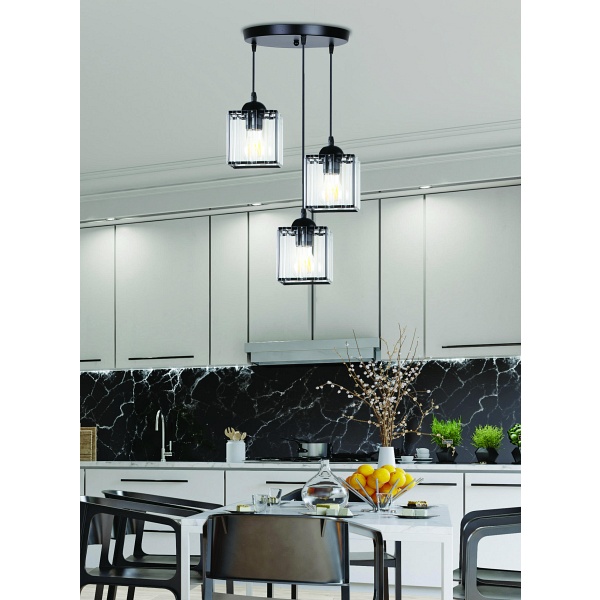 Glassia Lampa Wisząca Talerz Czarny 3X40 E27 Klosz Czarny+Kryształy Bezbarwne Candellux
