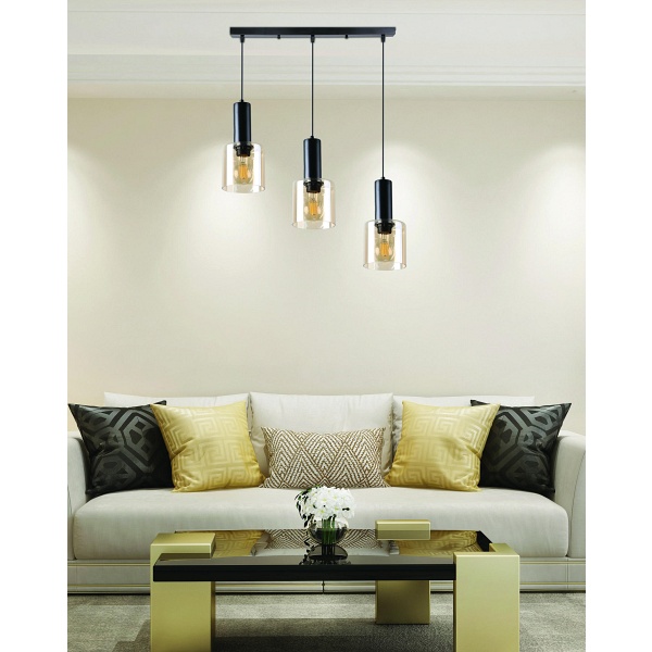 Isar Lampa Wisząca Czarny 3X40 E27 Klosz Bursztynowy Candellux