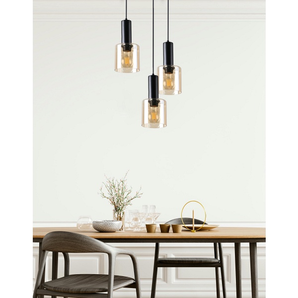 Isar Lampa Wisząca Talerz Czarny 3X40 E27 Klosz Bursztynowy Candellux