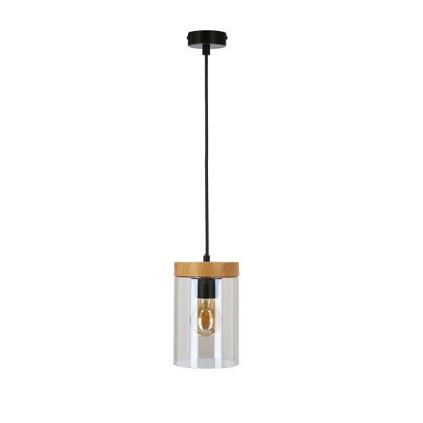 Wels Lampa Wisząca Czarny+Drewniany 1X40 E27 Klosz Dymiony Candellux