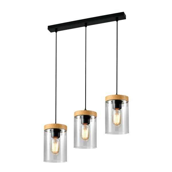 Wels Lampa Wisząca Czarny+Drewniany 3X40 E27 Klosz Dymiony Candellux