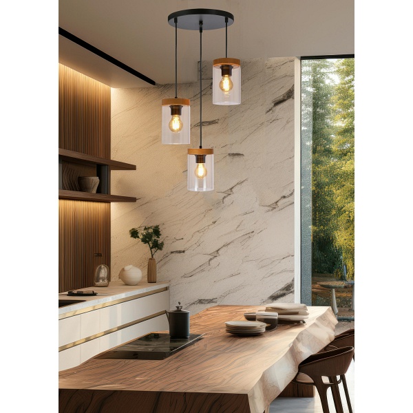 Wels Lampa Wisząca Talerz Czarny+Drewniany 3X40 E27 Klosz Dymiony Candellux