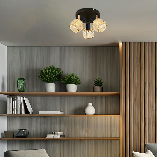 Dubai Lampa Sufitowa Plafon Czarny 3X40W E14 Klosz Różowy Złoty Kryszt Transp Candellux