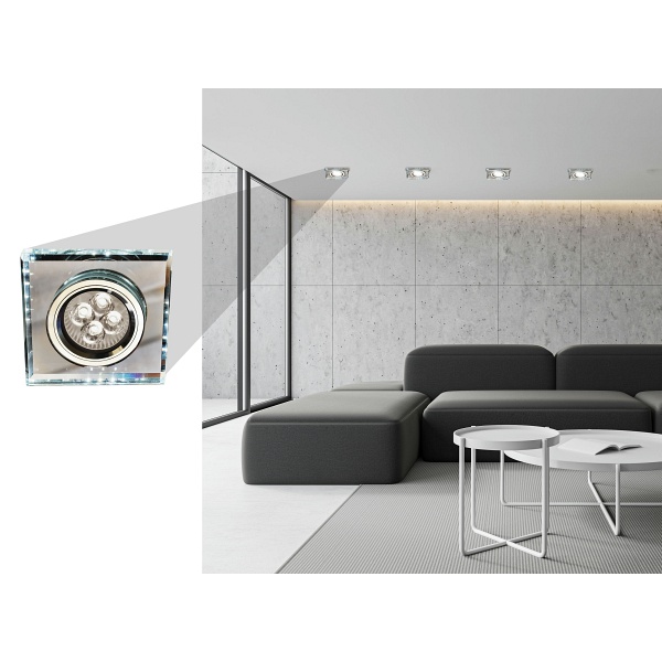 Ss-22 Ch/Tr+Wh Gu10 50W+Led Smd 2 1W Biały 230V Chrom Oczko Sufitowe Lampa Sufitowa. Strop. Stała Kwadratowa Szkło Transparentne Candellux