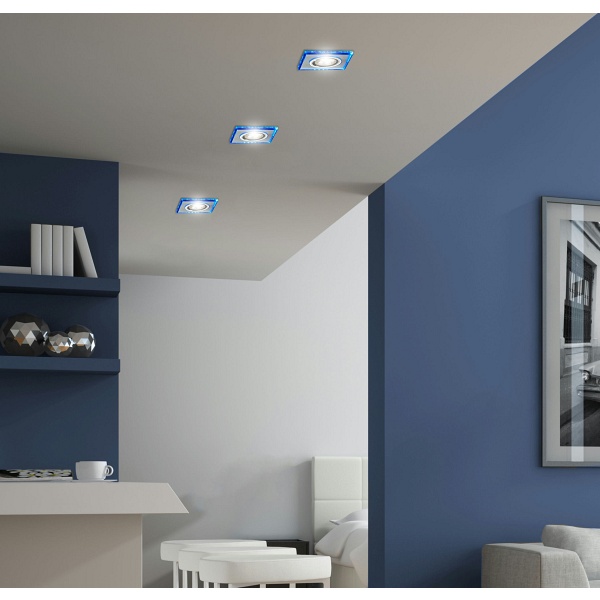 Ss-22 Ch/Tr+Bl Gu10 50W+Led Smd 2 1W Niebieski 230V Chrom Oczko Sufitowe Lampa Sufitowa Stała Kwadratowa Szkło Transparentne Candellux