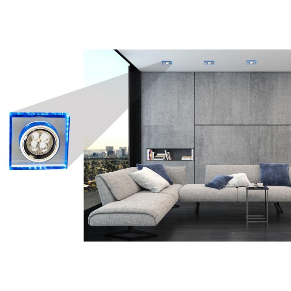 Ss-22 Ch/Tr+Bl Gu10 50W+Led Smd 2 1W Niebieski 230V Chrom Oczko Sufitowe Lampa Sufitowa Stała Kwadratowa Szkło Transparentne Candellux